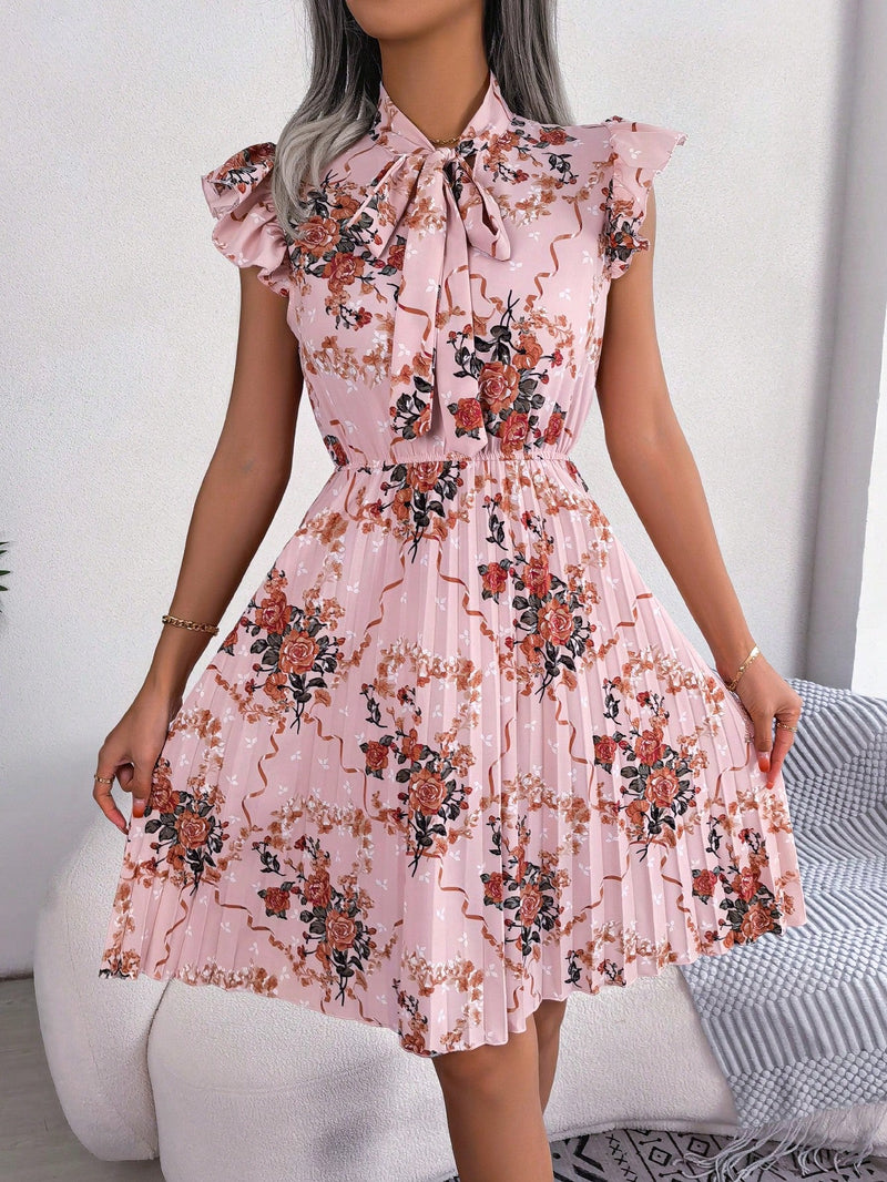 Vestido con estampado floral de cuello con cordon ribete con fruncido bajo fruncido