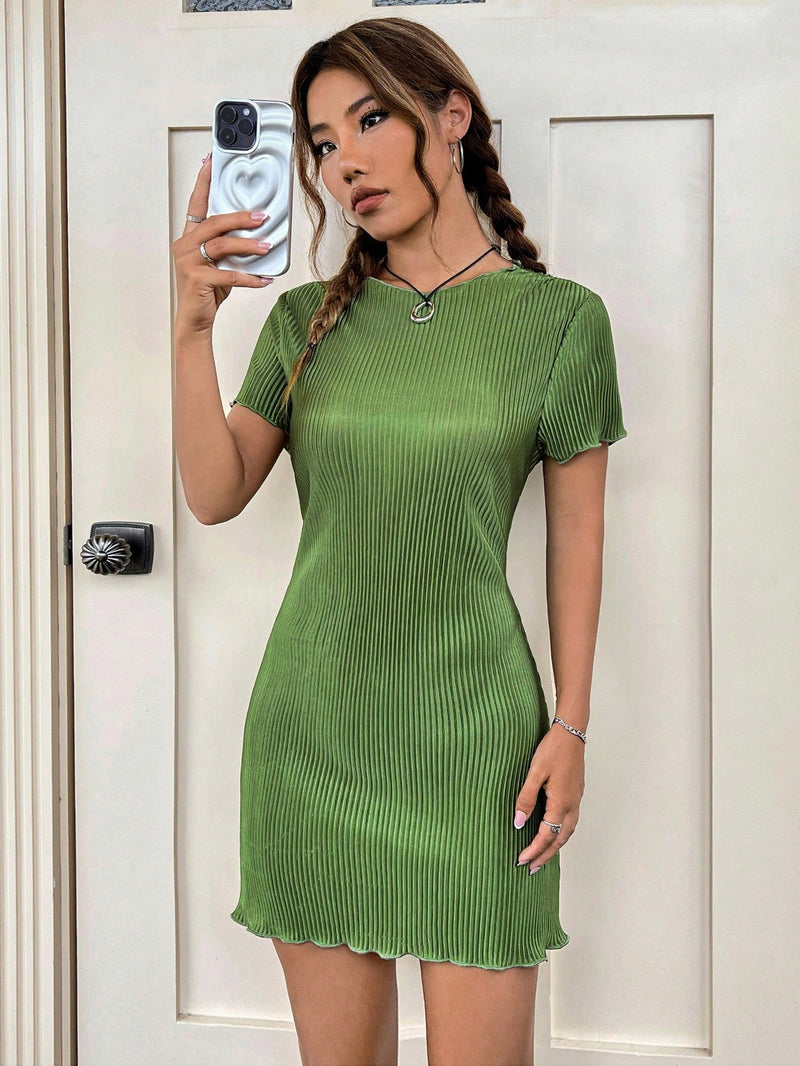 EZwear Vestido unicolor ribete en forma de lechuga plisado