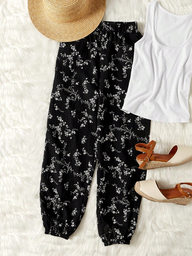 LUNE Pantalones con estampado floral con bolsillo oblicuo