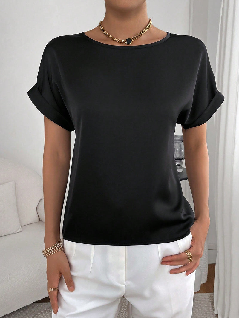 Essnce Blusa unicolor de manga murcielago de saten