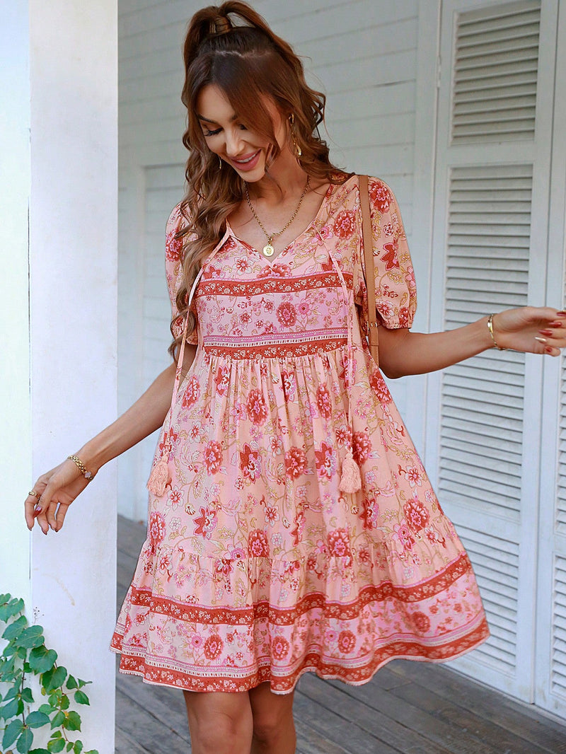 VCAY Vestido smock con estampado floral de cuello con cordon bajo con fruncido