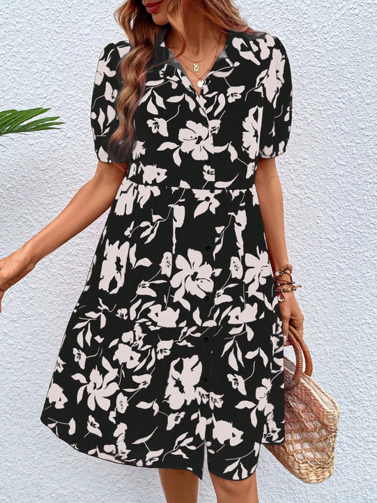 VCAY Vestido smock con estampado floral de manga farol bajo con fruncido