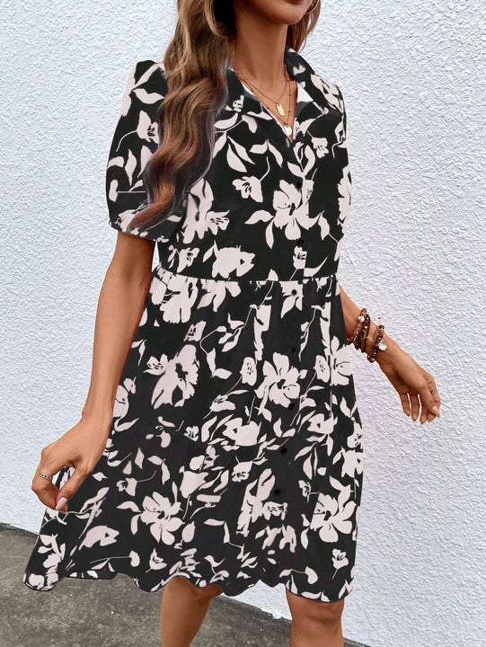 VCAY Vestido smock con estampado floral de manga farol bajo con fruncido