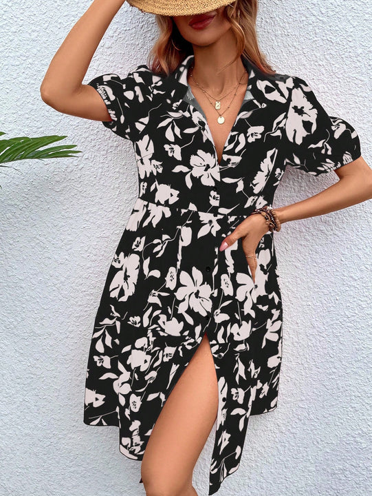 VCAY Vestido smock con estampado floral de manga farol bajo con fruncido