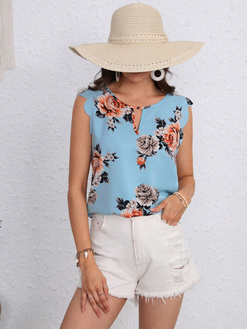 LUNE Blusa con estampado floral de cuello con abertura de ojo ribete en abanico