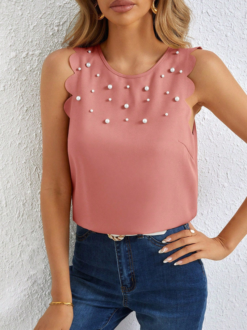 LUNE Blusa con cuenta de perla ribete en abanico