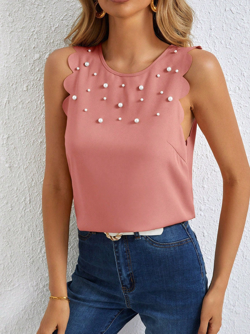 LUNE Blusa con cuenta de perla ribete en abanico