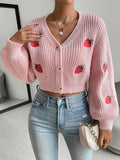 Moosta cardigan holgado de mujer con mangas farol, hombros caidos y bordado de fresa de estilo casual