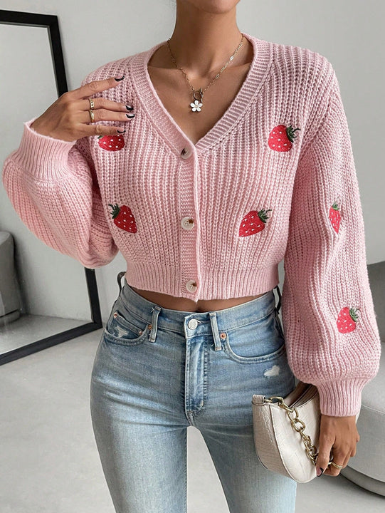 Moosta cardigan holgado de mujer con mangas farol, hombros caidos y bordado de fresa de estilo casual