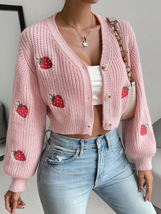 Moosta cardigan holgado de mujer con mangas farol, hombros caidos y bordado de fresa de estilo casual