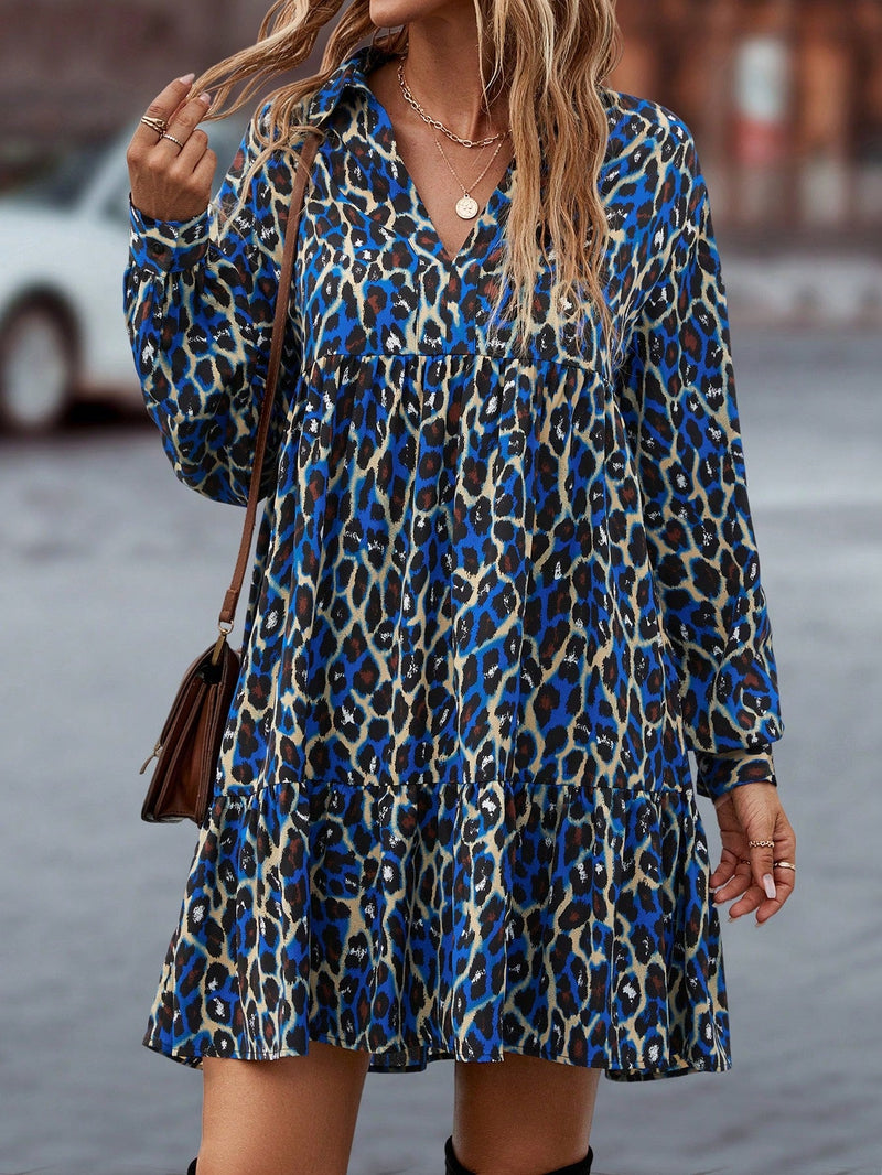 Vestido smock con estampado de leopardo bajo con fruncido