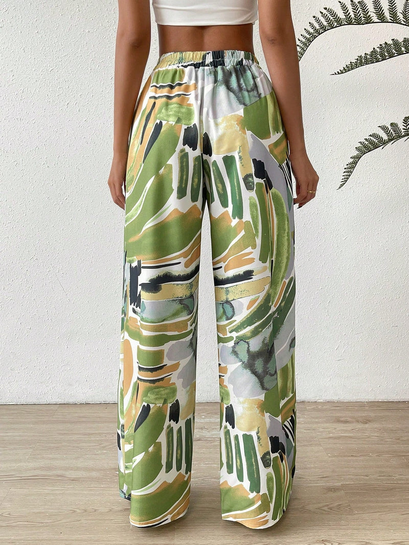 Pantalones de pierna ancha con estampado de pincelada de cintura con cordon