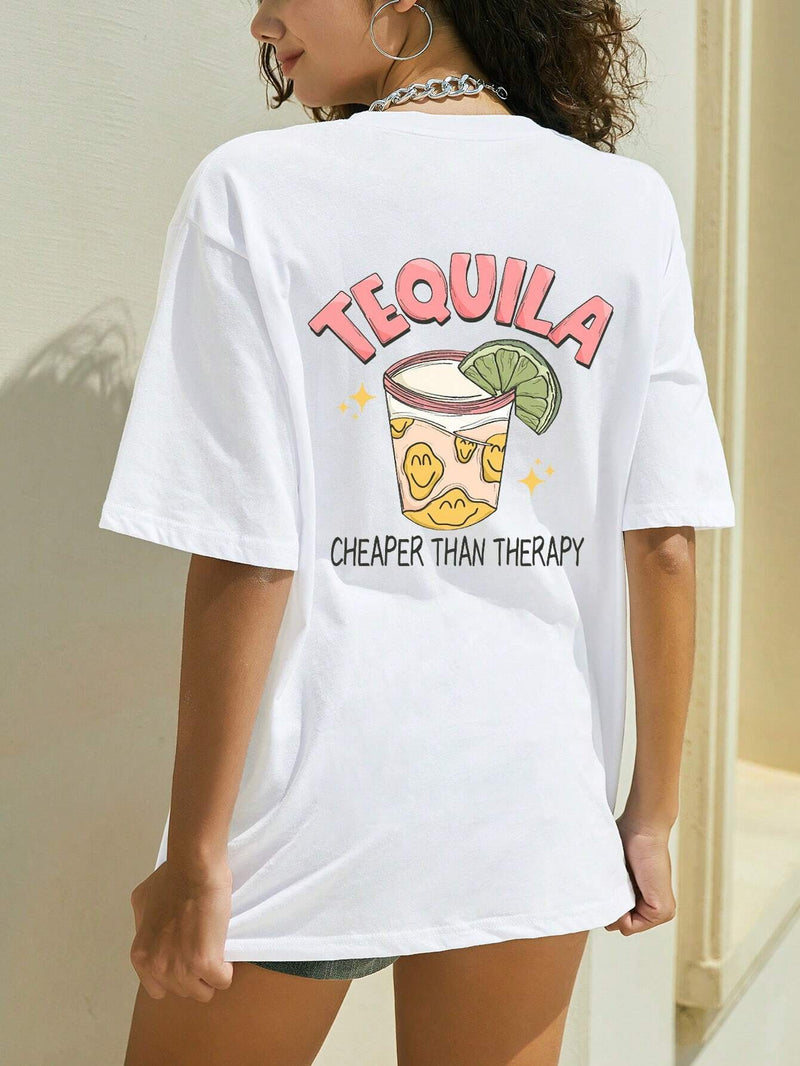 Camiseta amplia jugo con con estampado de letra de hombros caidos