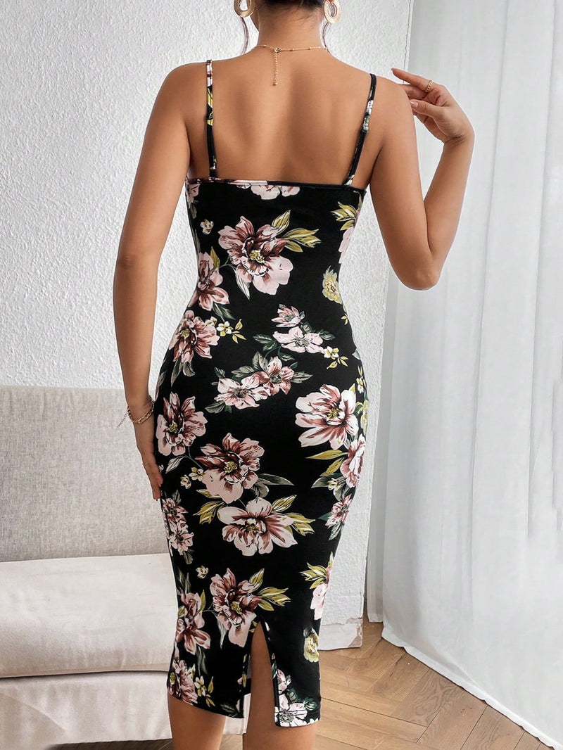 Prive Vestido de tirantes con estampado floral bajo con abertura