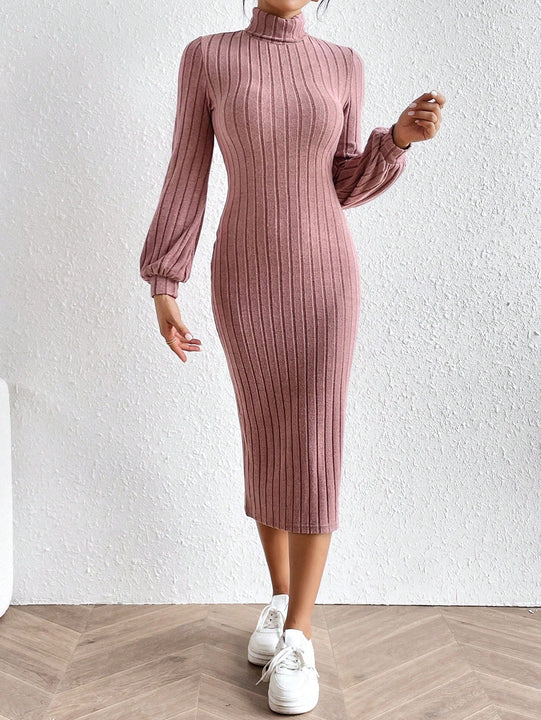 Frenchy Vestido ajustado cuello alto de manga farol sin cinturon