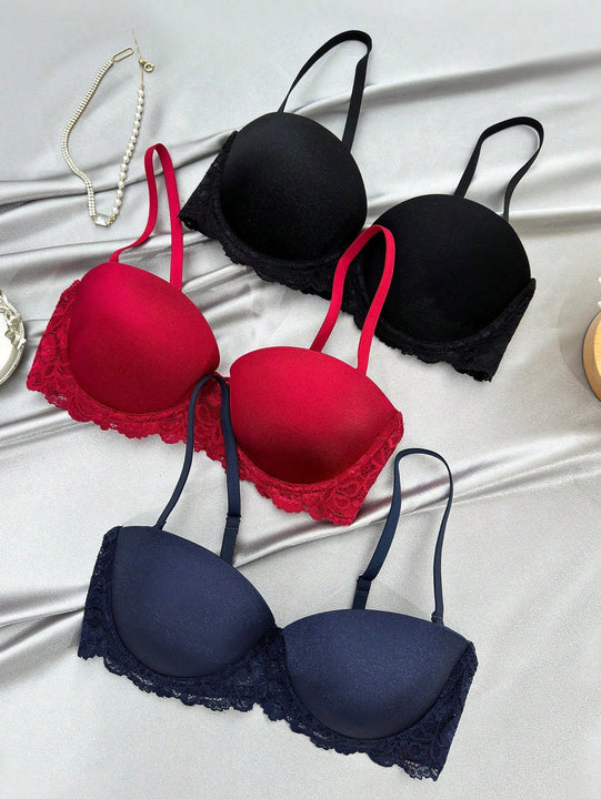 Underwear&sleepwear basics juego de lenceria de 3 piezas/set de sujetador de contraste de encaje de unicolor para mujer