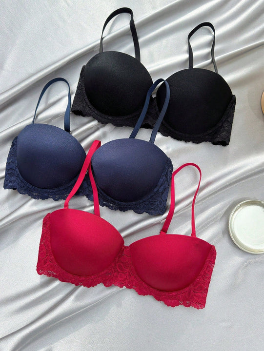 Underwear&sleepwear basics juego de lenceria de 3 piezas/set de sujetador de contraste de encaje de unicolor para mujer