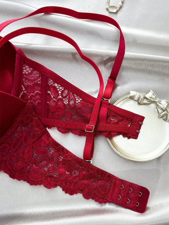 Underwear&sleepwear basics juego de lenceria de 3 piezas/set de sujetador de contraste de encaje de unicolor para mujer