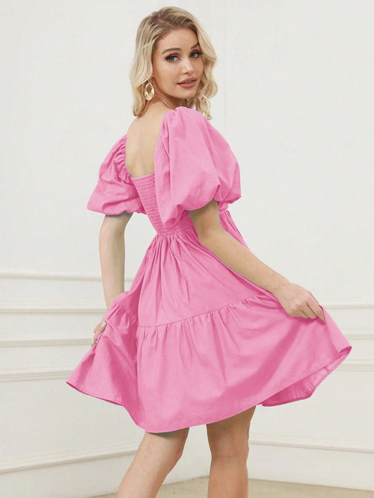 Vestido de cuello cuadrado de manga farol fruncido bajo con fruncido