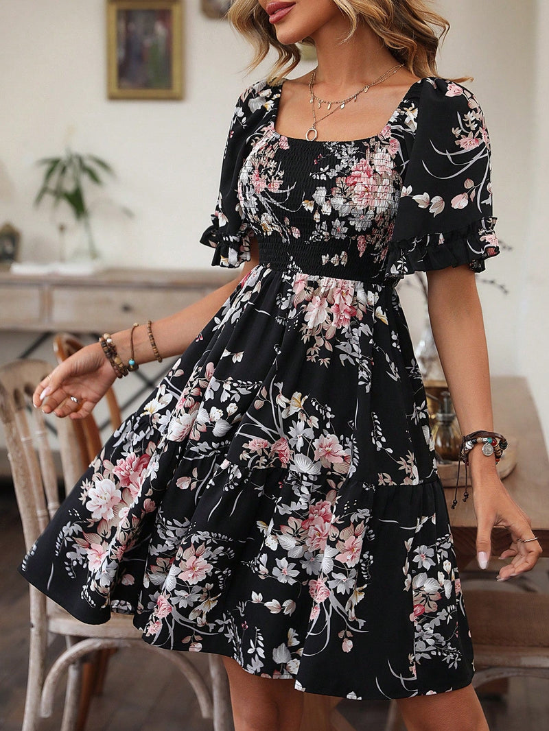 VCAY Vestido con estampado floral de cuello cuadrado de manga con volante bajo con fruncido