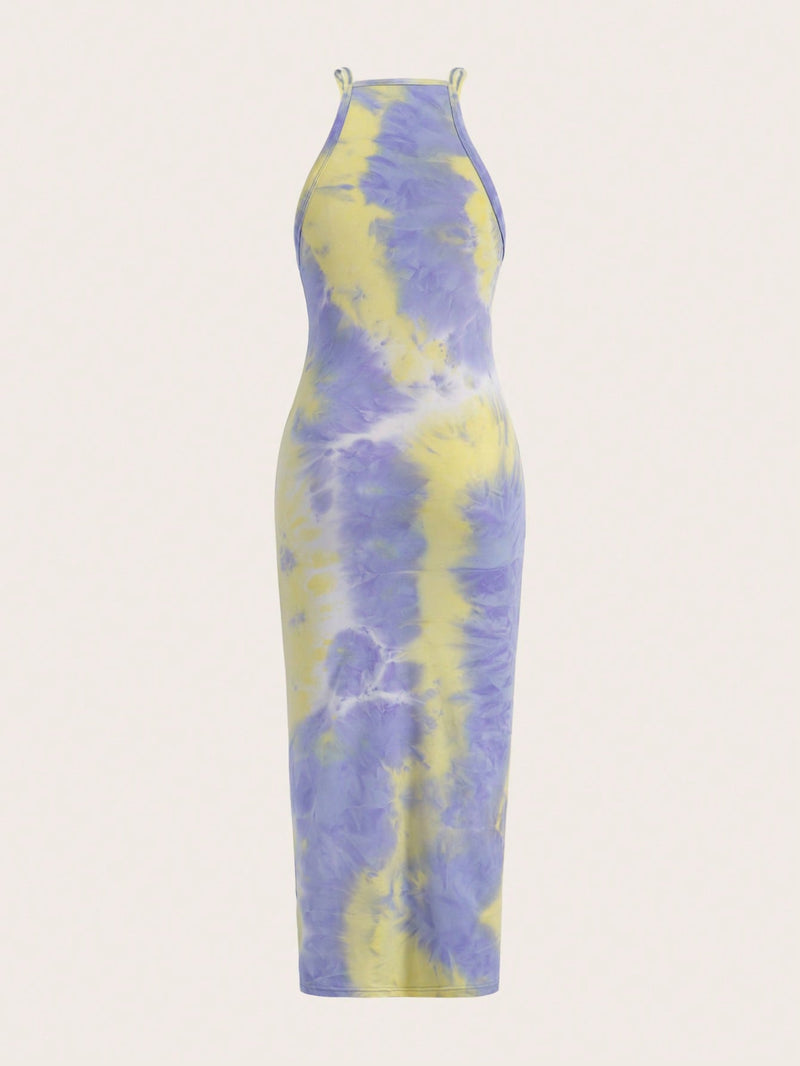 EZwear Vestido ajustado de tie dye de cuello halter