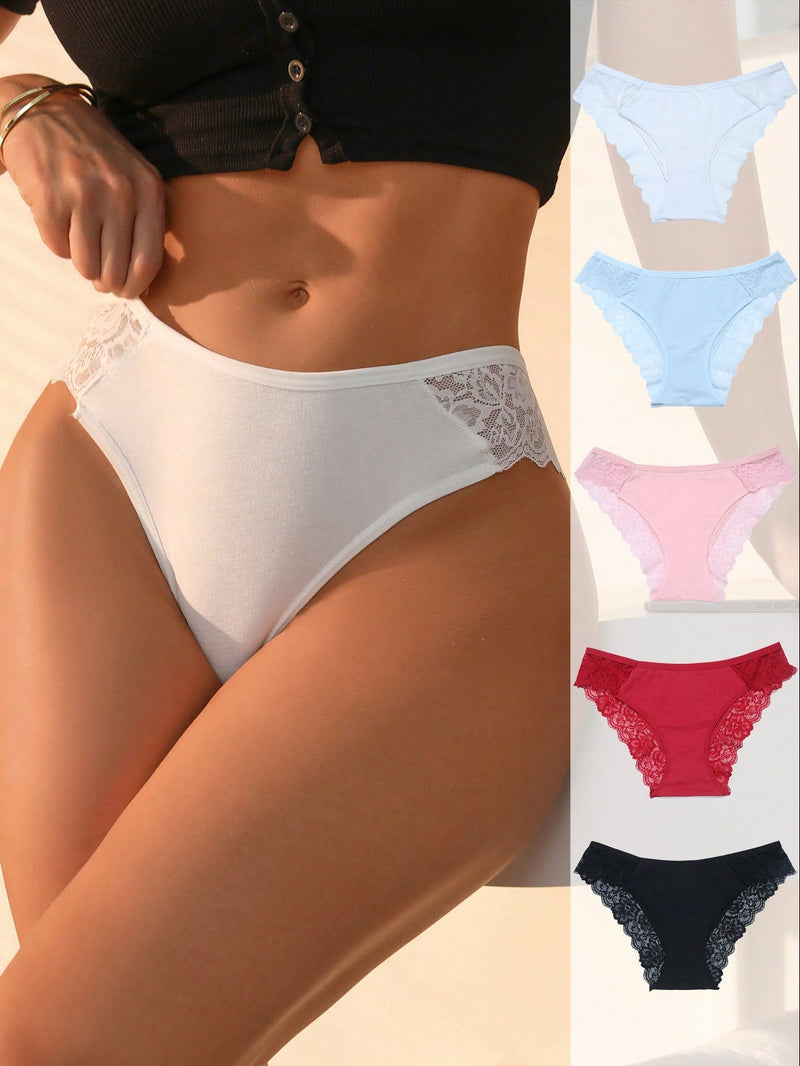 5 Piezas Contraste De Encaje Ribete De Punto Panty Lenceria