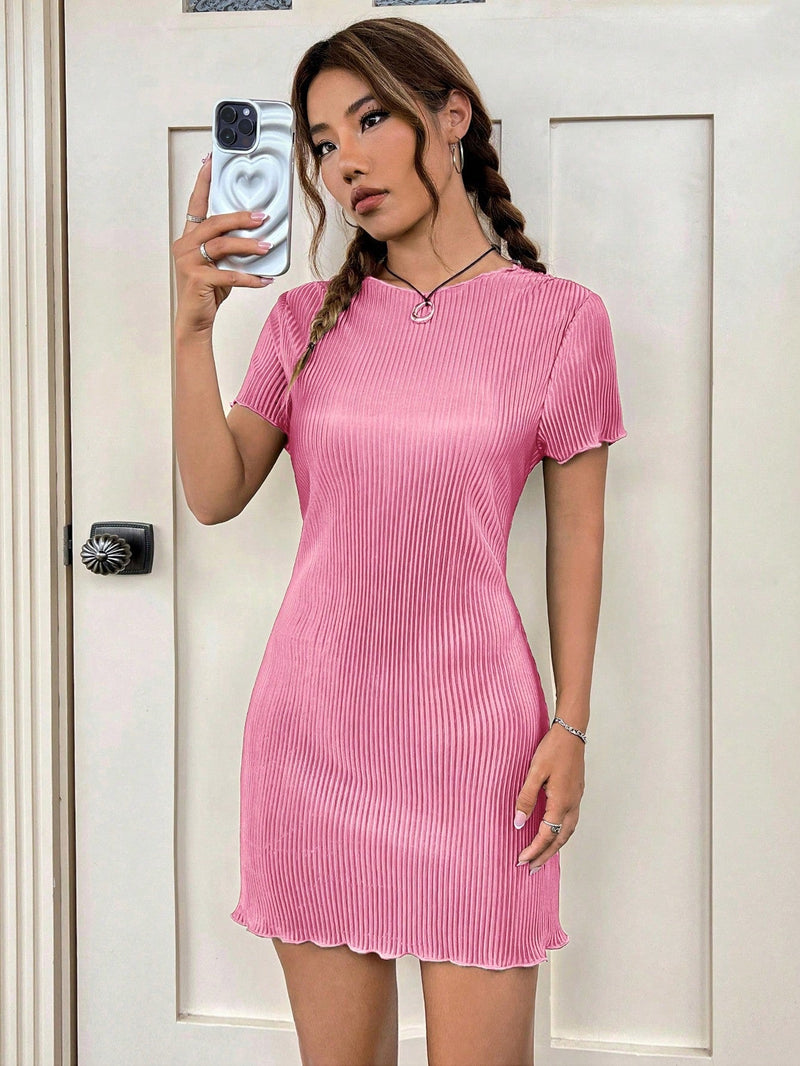 EZwear Vestido unicolor ribete en forma de lechuga plisado