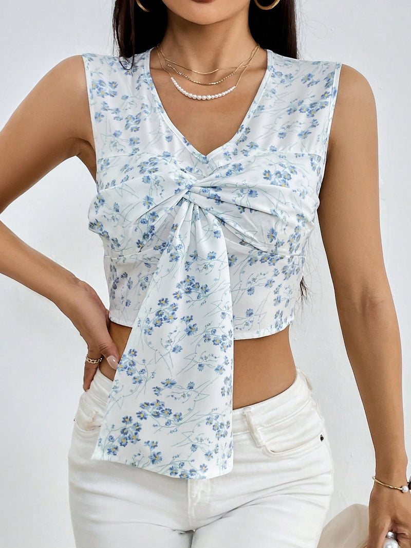 Essnce Camisa crop con estampado floral con lazo delantero