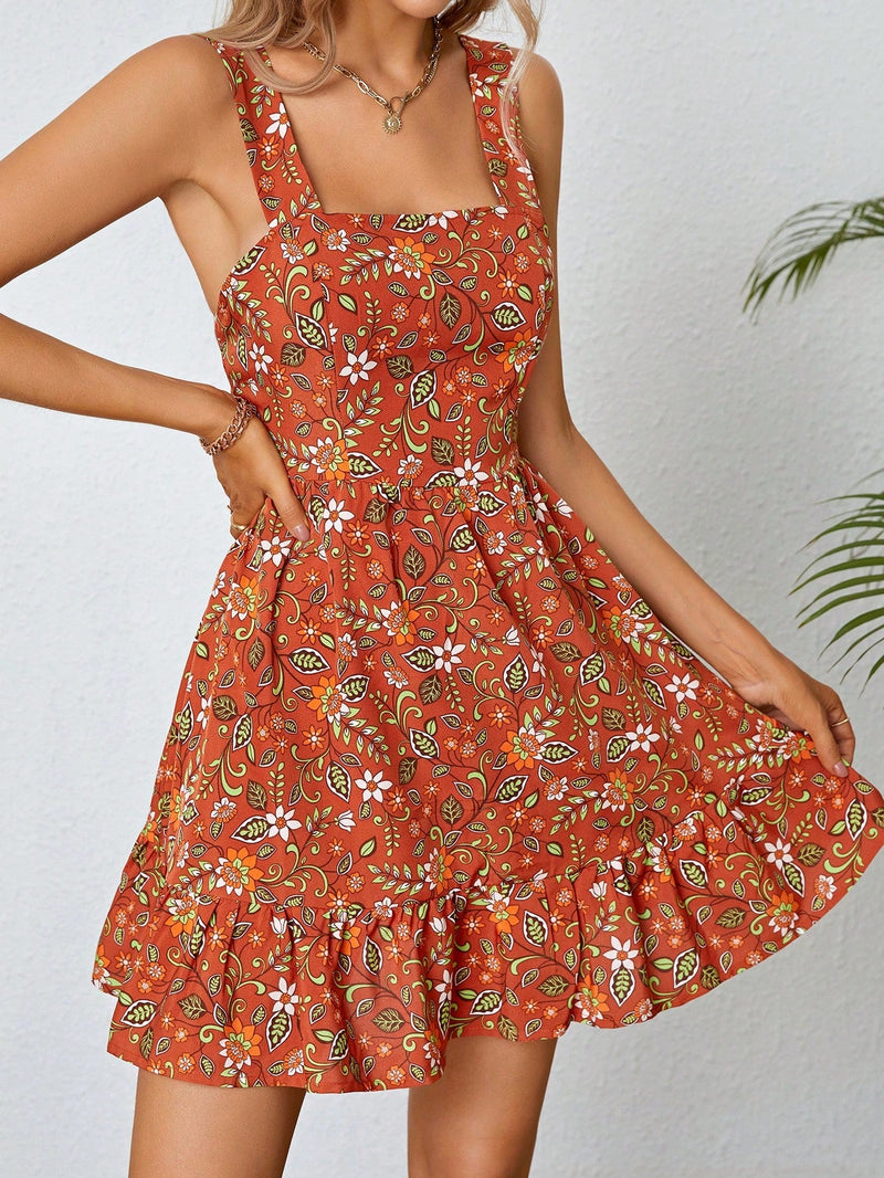 Wywh vestido con estampado floral de espalda abierta con cordon bajo con fruncido