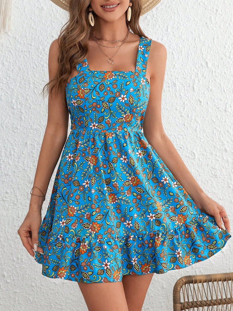 Wywh vestido con estampado floral de espalda abierta con cordon bajo con fruncido