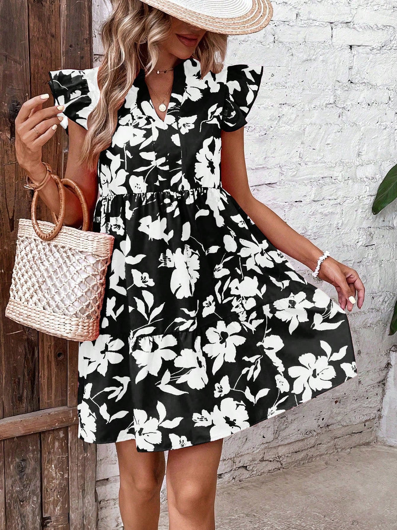 VCAY Vestido smock con estampado floral de manga mariposa bajo con fruncido