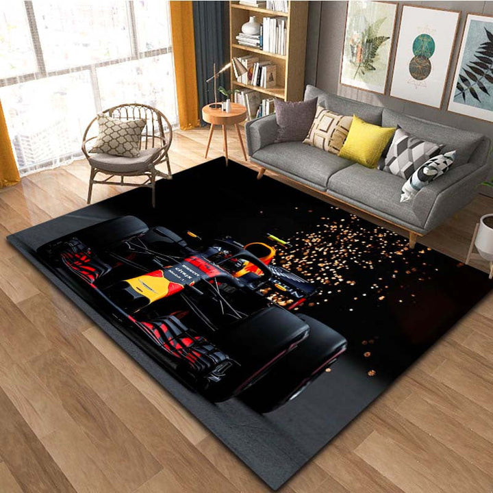 Alfombra de Área con Diseño de Coche de Fórmula 1 - Antideslizante, Lavable a Máquina para Sala de Estar, Dormitorio, Oficina - Decoración Vibrante en 3 Tamaños