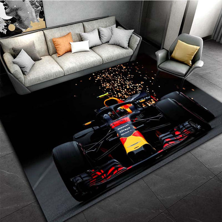 Alfombra de Área con Diseño de Coche de Fórmula 1 - Antideslizante, Lavable a Máquina para Sala de Estar, Dormitorio, Oficina - Decoración Vibrante en 3 Tamaños