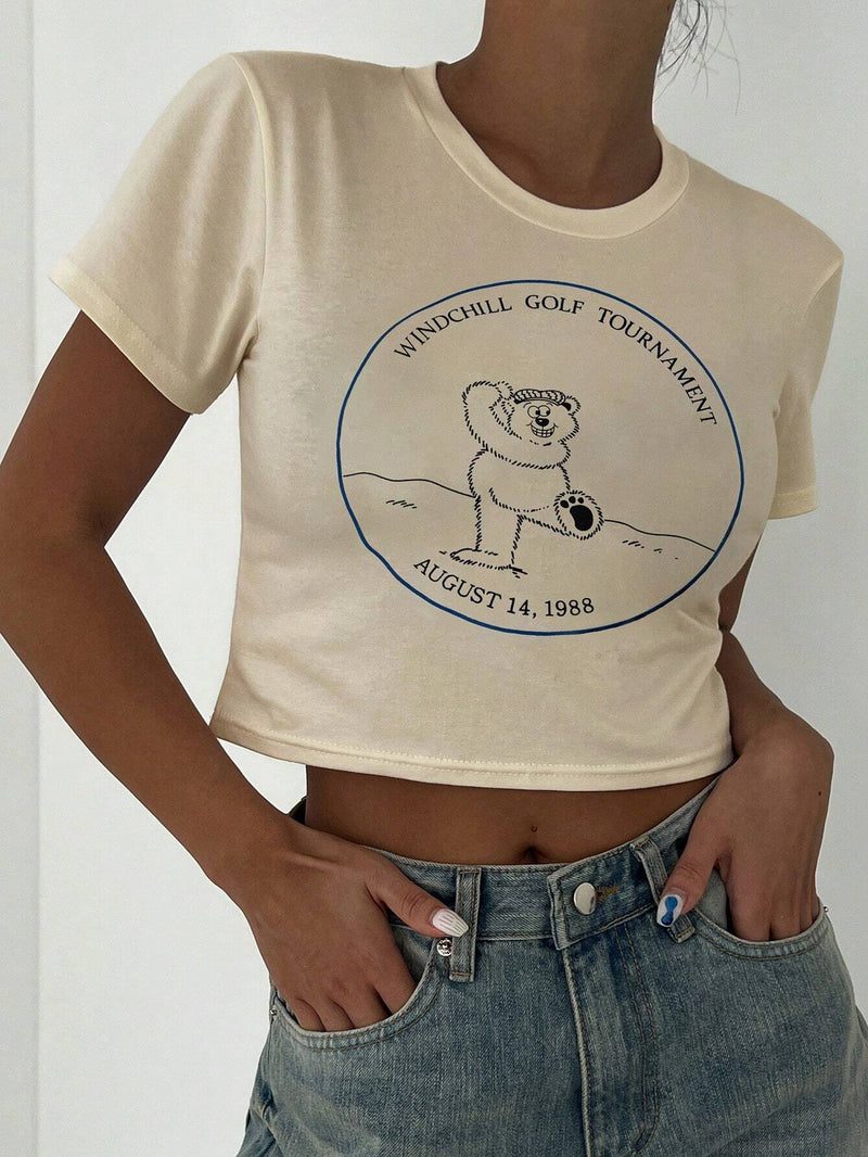 DAZY Camiseta crop con estampado de slogan y dibujos animados