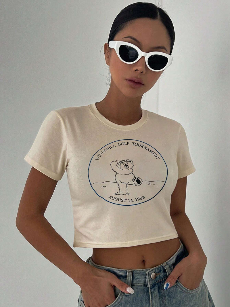 DAZY Camiseta crop con estampado de slogan y dibujos animados