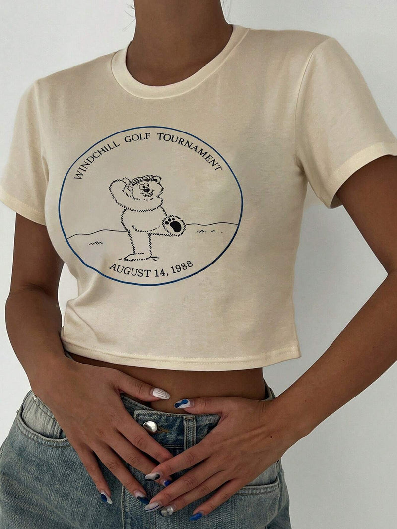 DAZY Camiseta crop con estampado de slogan y dibujos animados