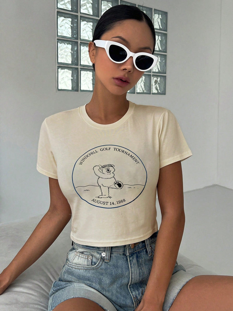 DAZY Camiseta crop con estampado de slogan y dibujos animados