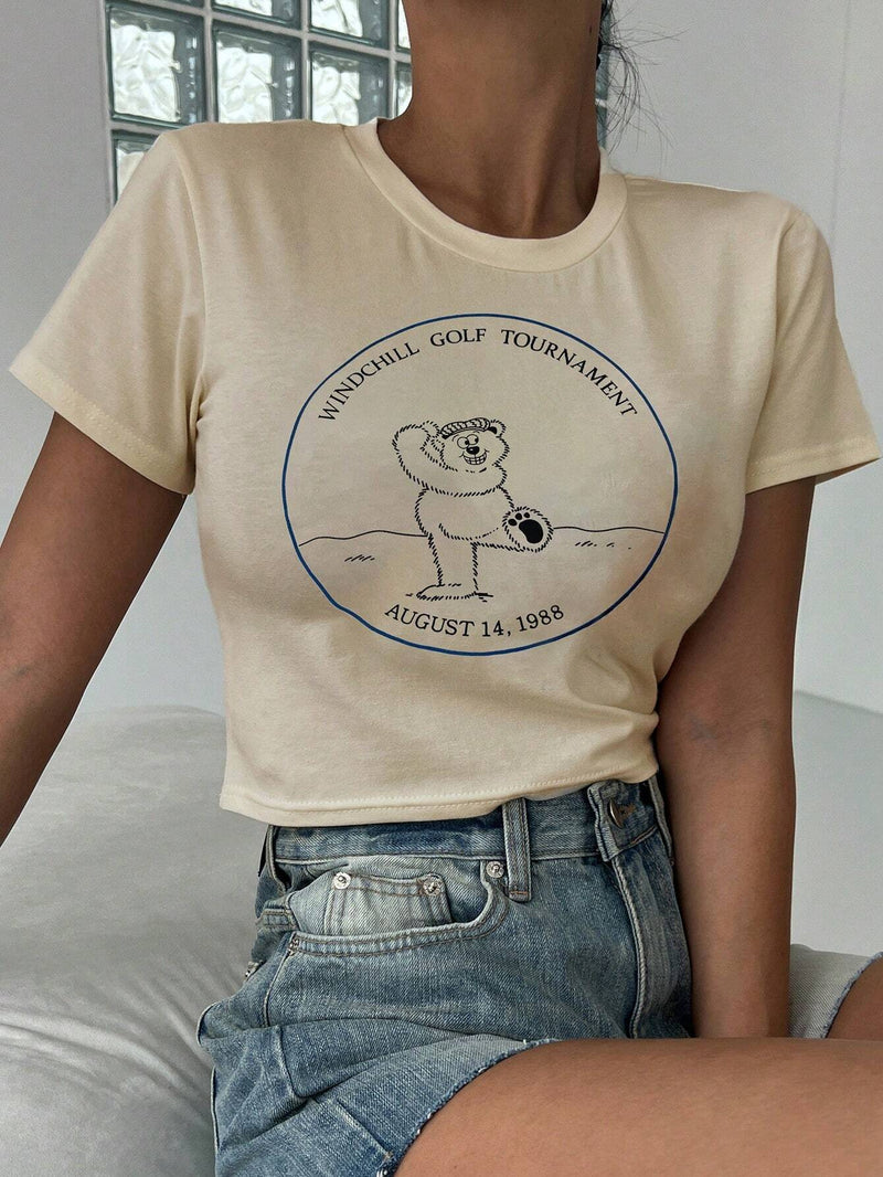 DAZY Camiseta crop con estampado de slogan y dibujos animados