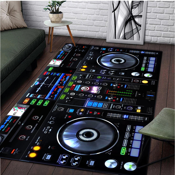 Alfombra de área lavable de poliéster con diseño inspirado en la música y los giradiscos, perfecta para dormitorio, sala de estar o sala de juegos, alfombra de juego hecha a máquina, diseño juguetón, cubierta de suelo duradera, decoración de sala de músi