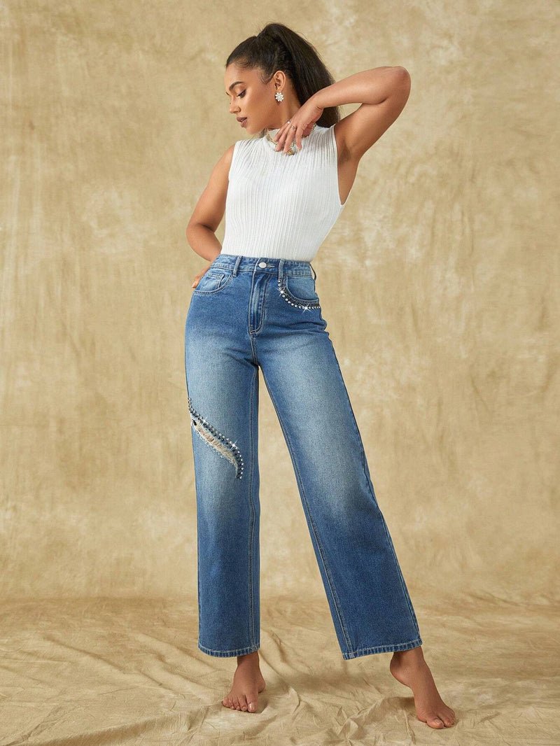 Frenchy Jeans con cuenta de perla de pierna ancha