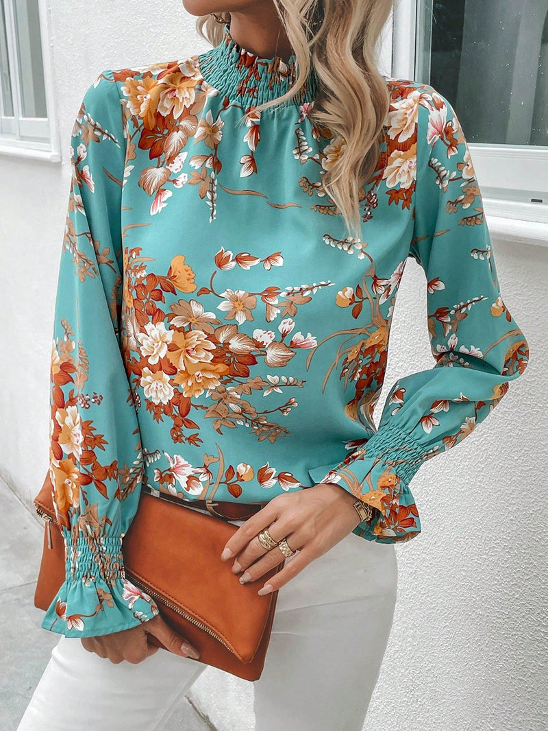 Clasi Blusa con estampado floral de manga amplia ribete fruncido de cuello alto