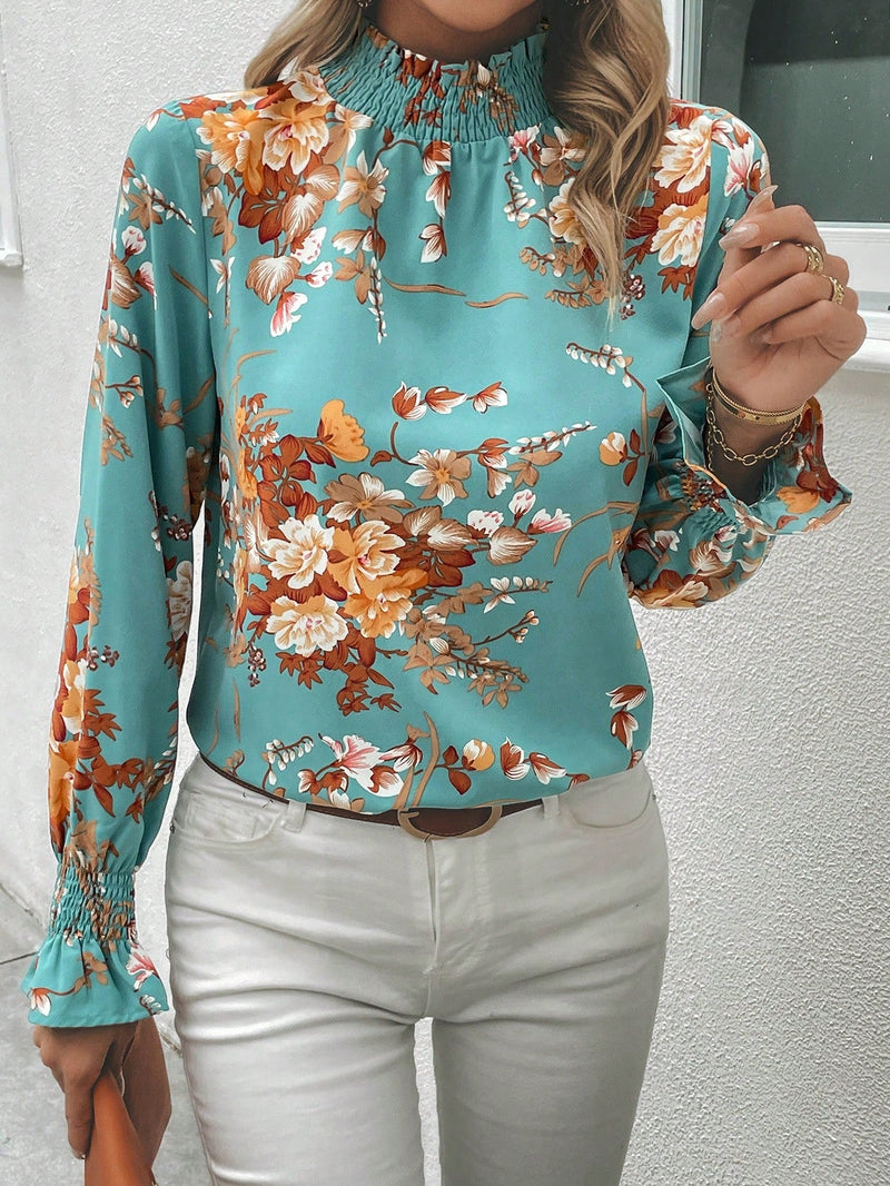 Clasi Blusa con estampado floral de manga amplia ribete fruncido de cuello alto