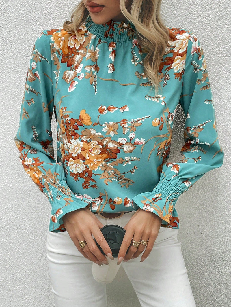 Clasi Blusa con estampado floral de manga amplia ribete fruncido de cuello alto