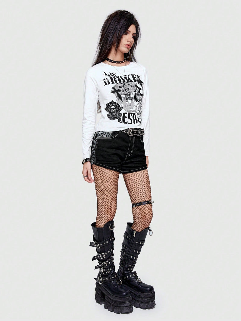 ROMWE Grunge Punk Shorts en mezclilla con estampado de paisley