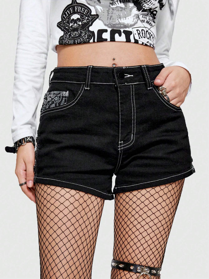 ROMWE Grunge Punk Shorts en mezclilla con estampado de paisley