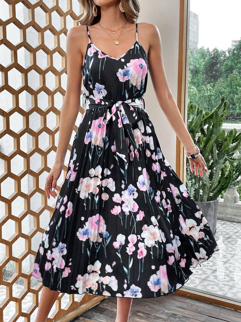 VCAY Vestido de tirantes con estampado floral bajo fruncido con cinturon