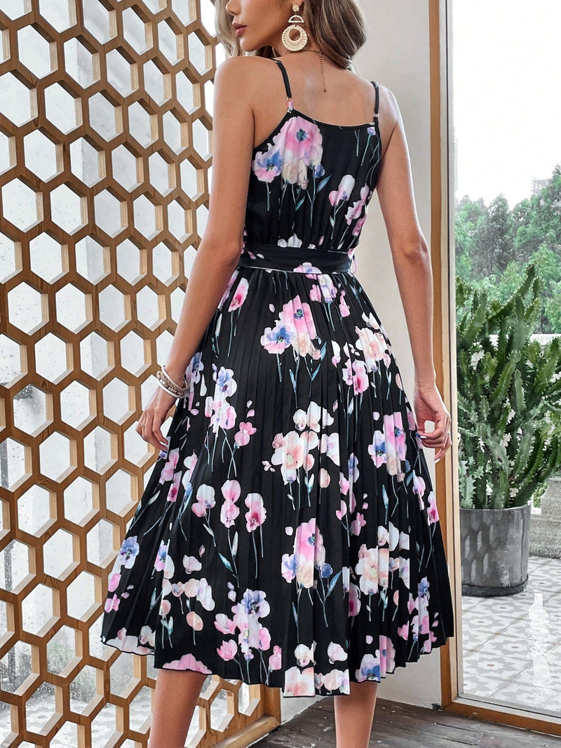 VCAY Vestido de tirantes con estampado floral bajo fruncido con cinturon