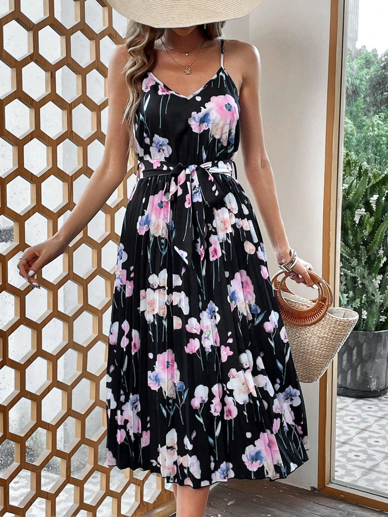 VCAY Vestido de tirantes con estampado floral bajo fruncido con cinturon