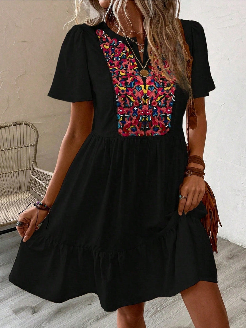 VCAY Vestido smock con bordado floral bajo con fruncido