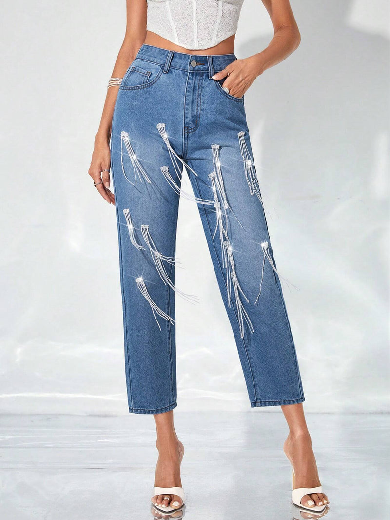 BAE Jeans de ajuste mom de talle alto con estampado de dibujo